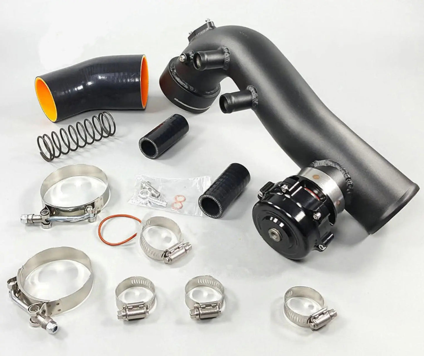 Jack Spania Racing flow intake pipe kit flange for BMW N54 135i 335i engine with 50mm BOV, showing the metal flange and pipe components.