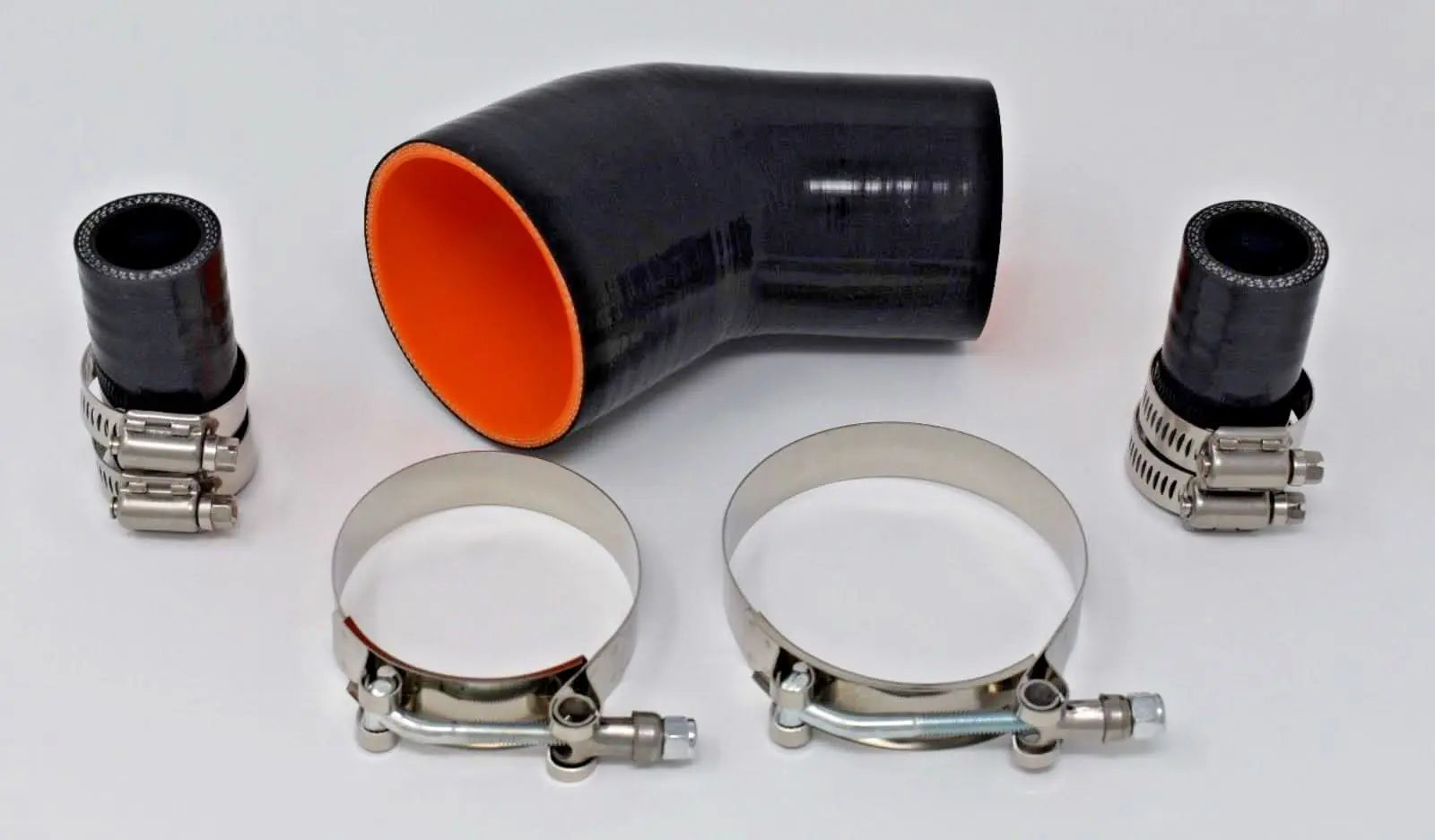 Flow Intake Pipe Kit Flange 50mm Bov for BMW N54 engines, showing the black intake flange and connecting pipe by Jack Spania Racing.