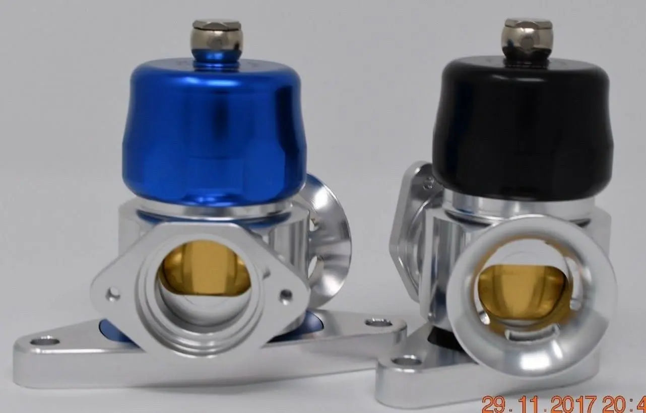Jack Spania Racing dual port hybrid blow off valve for Subaru WRX and STI turbo engines, showing the metal construction and ports.