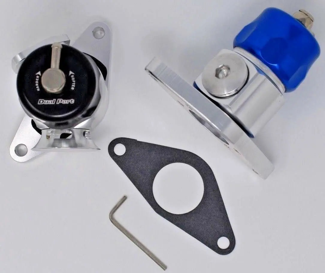 Jack Spania Racing dual port hybrid blow off valve for Subaru WRX and STI turbo engines, showcasing the engine part with ports and branding.