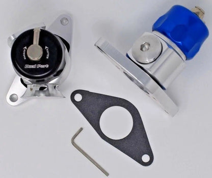 Jack Spania Racing dual port hybrid blow off valve for Subaru WRX and STI turbo engines, showcasing the engine part with ports and branding.