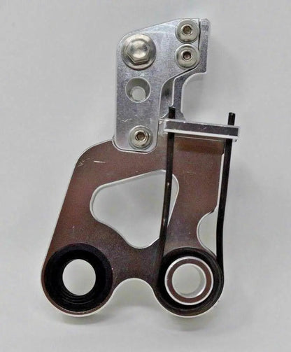 Jack Spania Racing billet shifter arm for Acura RSX K20 K24 K-Swap transmission, shown in close-up with mounting details.