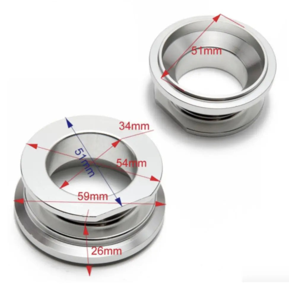 Jack Spania Racing BOV Adapter Flange in billet aluminum for HKS SSQV to 50mm TiAL-style BOV conversion, engine parts accessory.