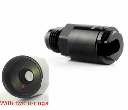 Jack Spania Racing fuel line EFI adapter fitting, -6 AN male to 5/16" quick disconnect push hardline for engine fuel systems.