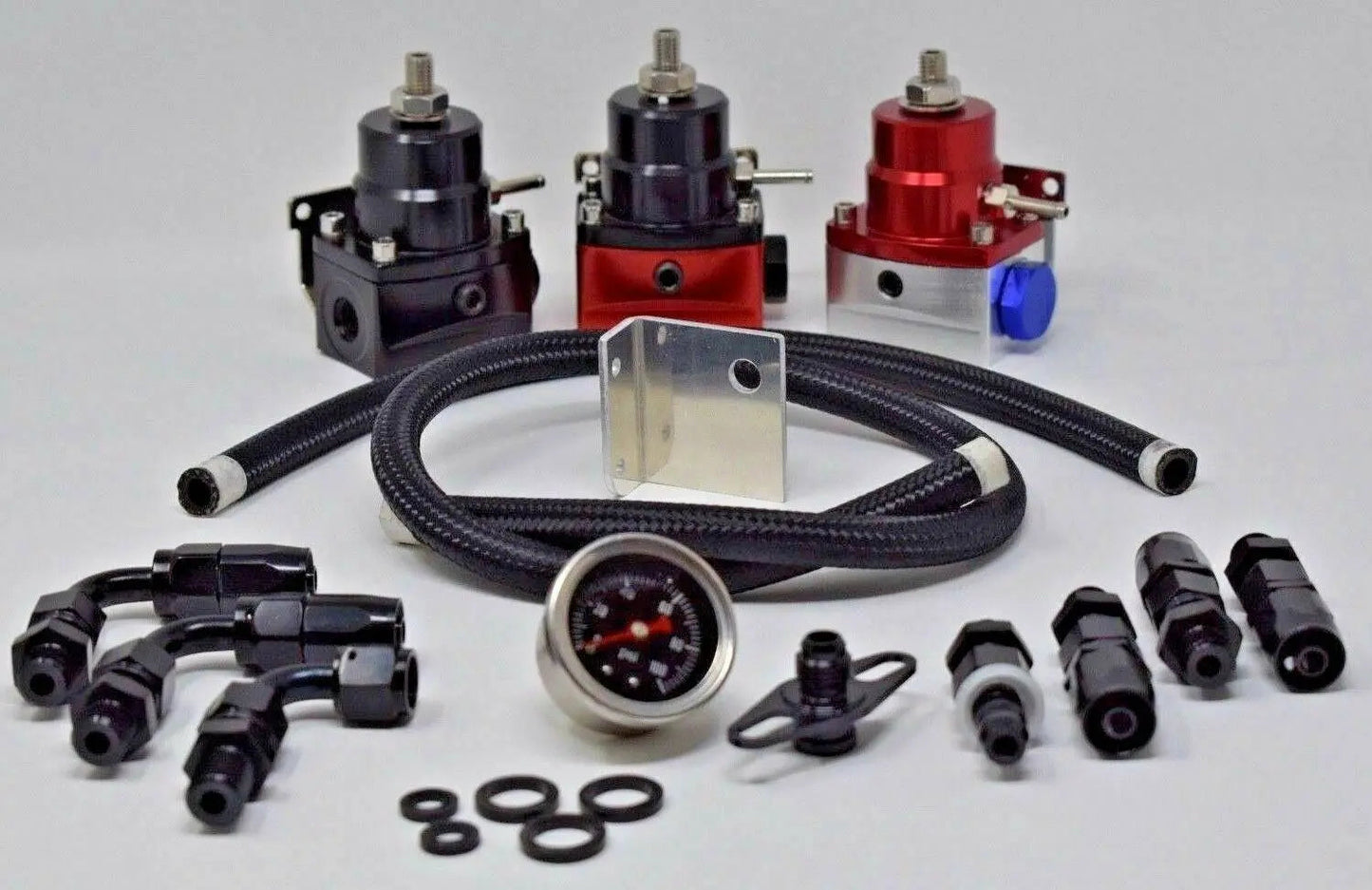 Jack Spania Racing adjustable EFI fuel pressure regulator kit with 160 PSI gauge and AN6 hose for engine performance tuning.