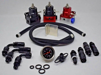 Adjustable EFI fuel pressure regulator kit with 160 PSI gauge, AN6 hose, and engine parts from Jack Spania Racing.