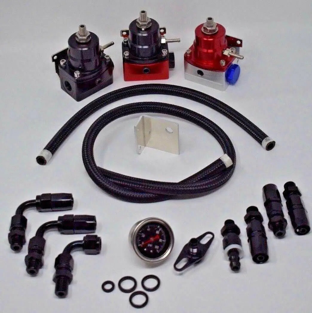 Jack Spania Racing adjustable EFI fuel pressure regulator kit with 160 PSI gauge, AN6 hose, and engine parts for fuel system tuning.