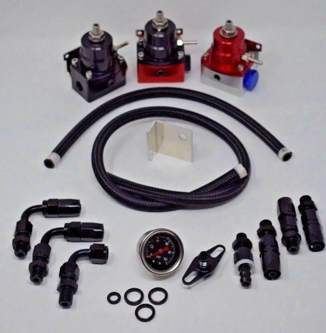 Adjustable EFI fuel pressure regulator kit with 160 PSI gauge, AN6 hose, and fittings for engine performance.