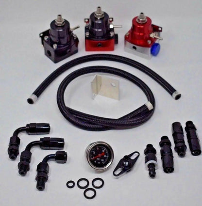 Adjustable EFI fuel pressure regulator kit with 160 PSI gauge, AN6 hose, and fittings for engine performance.