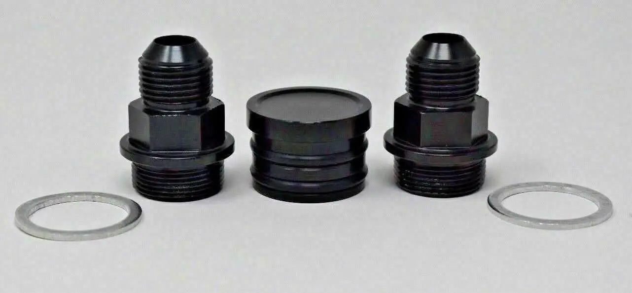 Jack Spania Racing B Series engine rear block breather fittings and plug, M28 to 10AN, for B16 and B18 catch can installation.