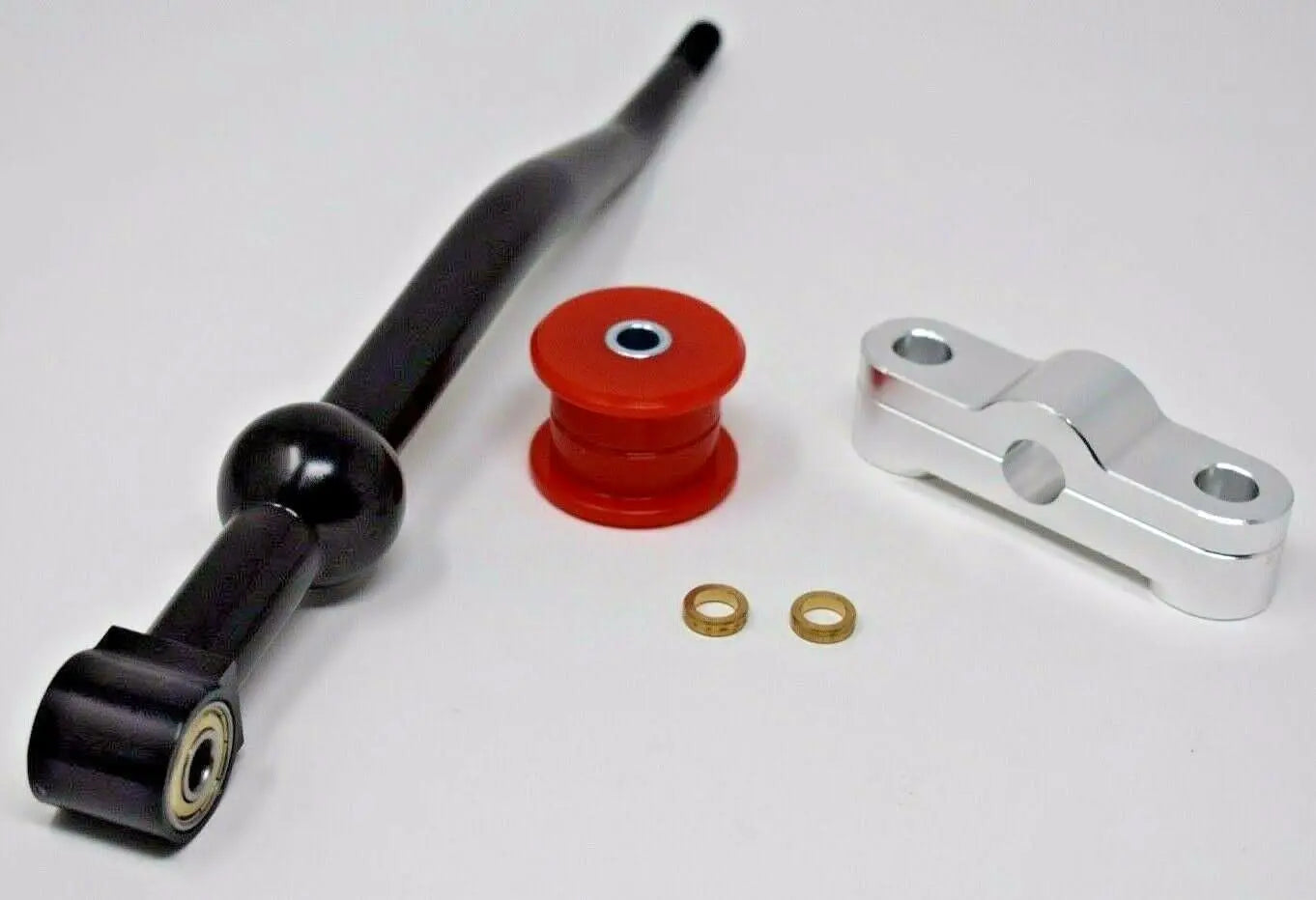Jack Spania Racing dual bend short shifter with poly billet D-Series shift linkage bushings for Honda Civic transmission upgrade.