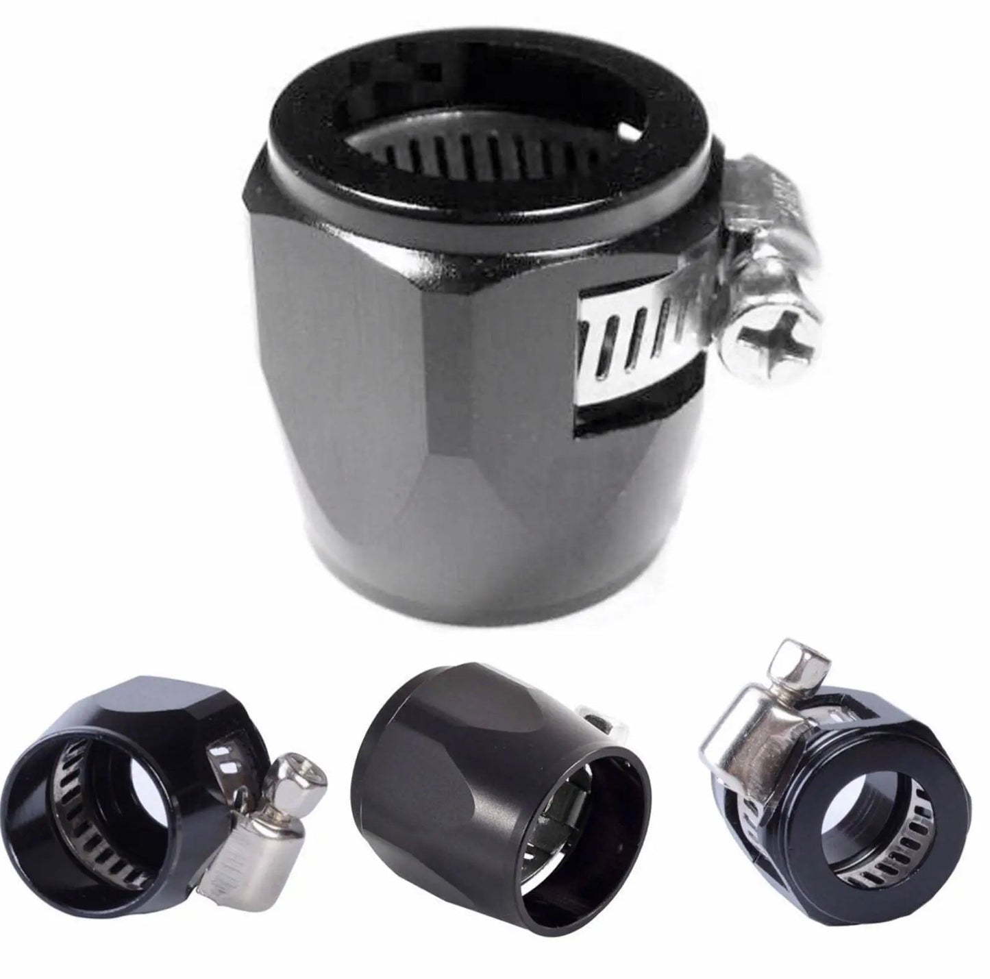 Black 6AN fuel hose line end cover clamp fitting for engine applications, by Jack Spania Racing.