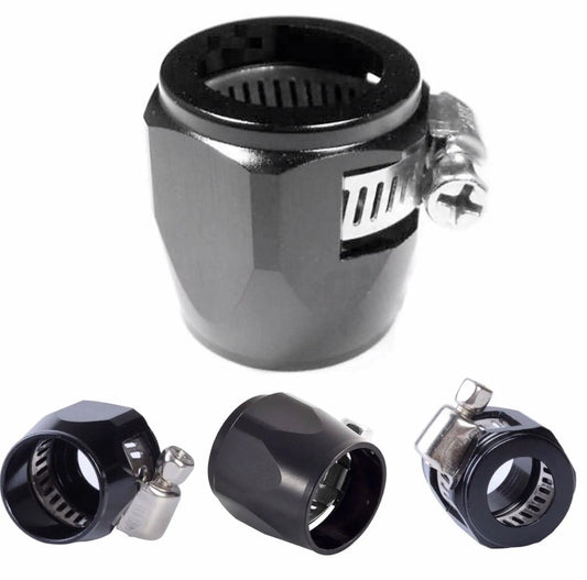 Black 6AN fuel hose line end cover clamp fitting for engine applications, by Jack Spania Racing.