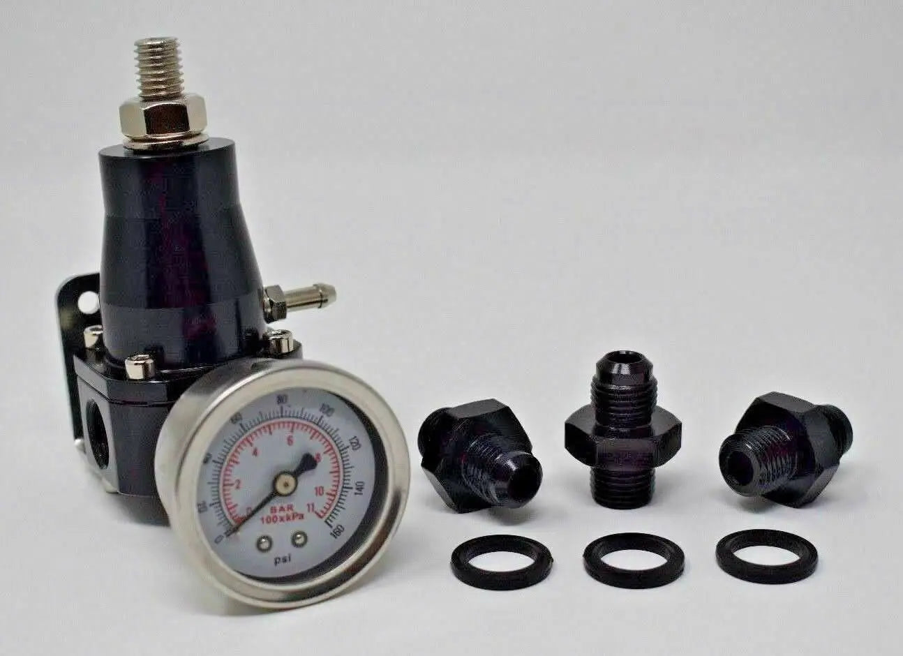 Jack Spania Racing adjustable EFI fuel pressure regulator with gauge, AN6 bypass, 30-70 PSI engine part for fuel system tuning.
