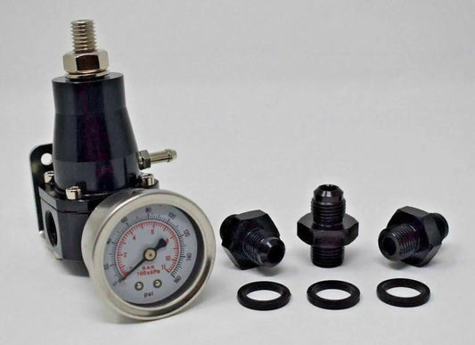 Jack Spania Racing adjustable EFI fuel pressure regulator with gauge, AN6 bypass, 30-70 PSI engine part for fuel system tuning.