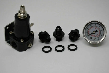 Jack Spania Racing adjustable EFI fuel pressure regulator with gauge, 30-70 PSI, AN6 bypass engine part for performance tuning.
