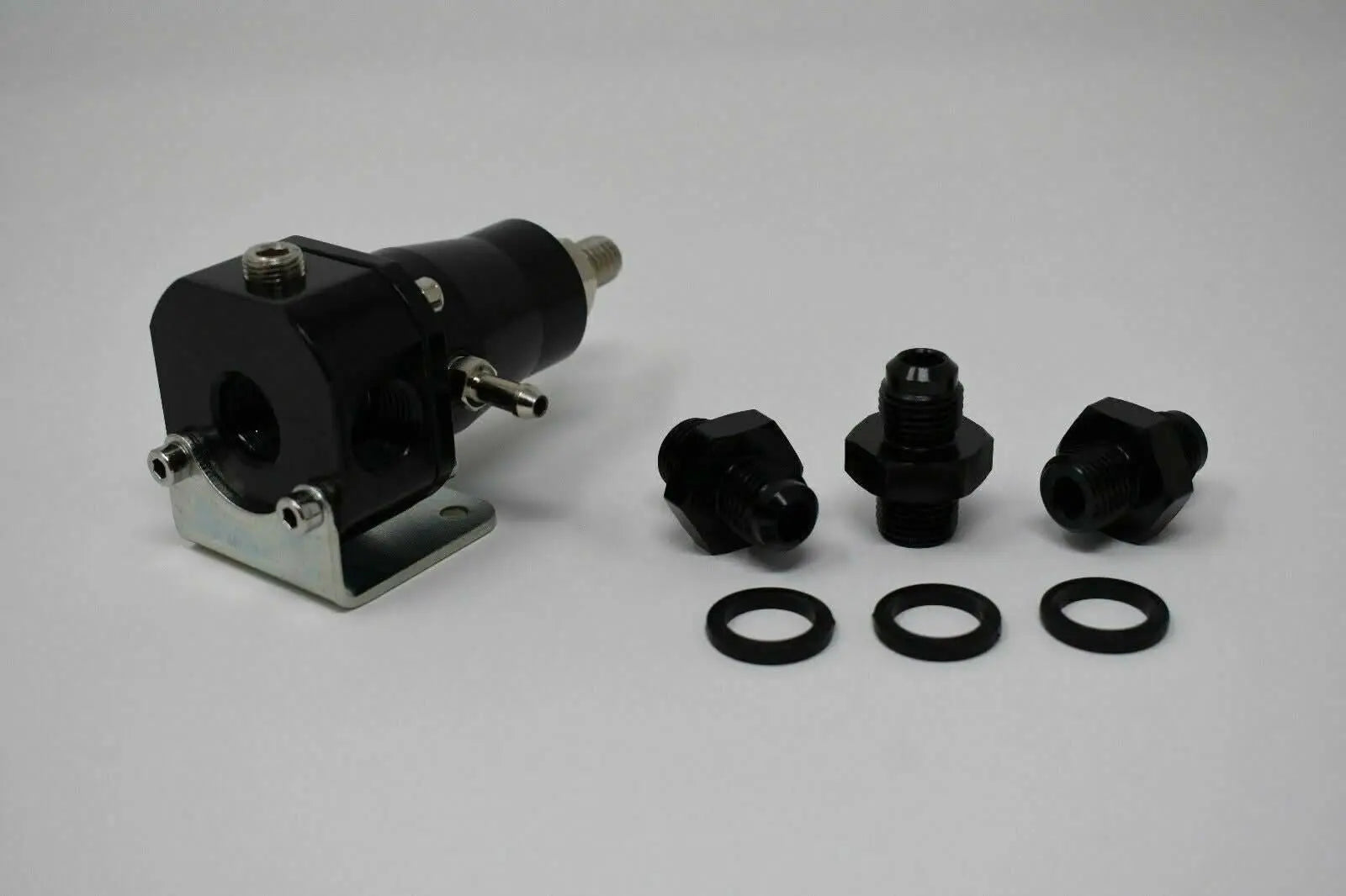 Jack Spania Racing adjustable EFI fuel pressure regulator with gauge, 30-70 PSI, AN6 bypass engine part for fuel system control.