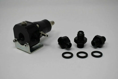 Jack Spania Racing adjustable EFI fuel pressure regulator with gauge, 30-70 PSI, AN6 bypass engine part for fuel system control.