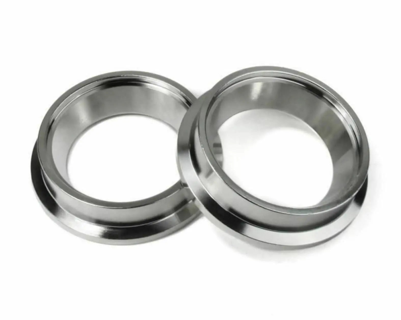 Jack Spania Racing 44mm wastegate flange set with inlet and outlet V-band, clamp ring, and insert for TiAL MVR turbochargers.