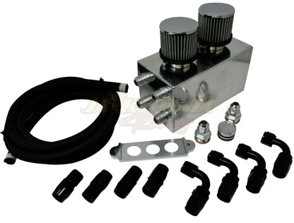 Jack Spania Racing Pro Series oil catch can with hoses for Honda Civic and Acura Integra 4-port engine, featuring -10AN fittings.