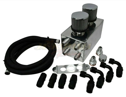 Jack Spania Racing Pro Series oil catch can for Honda Civic Acura Integra, 4-port with hoses, engine part for oil vapor management.