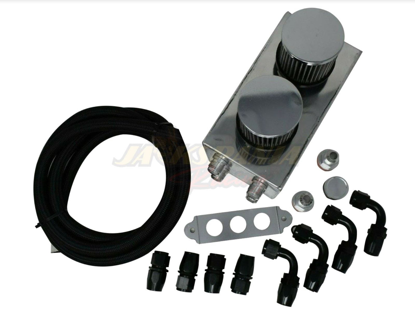 Jack Spania Racing battery relocation oil catch can with 4-port 10AN hoses for EK, EG, CRX, DC2 Si Type R engine parts.