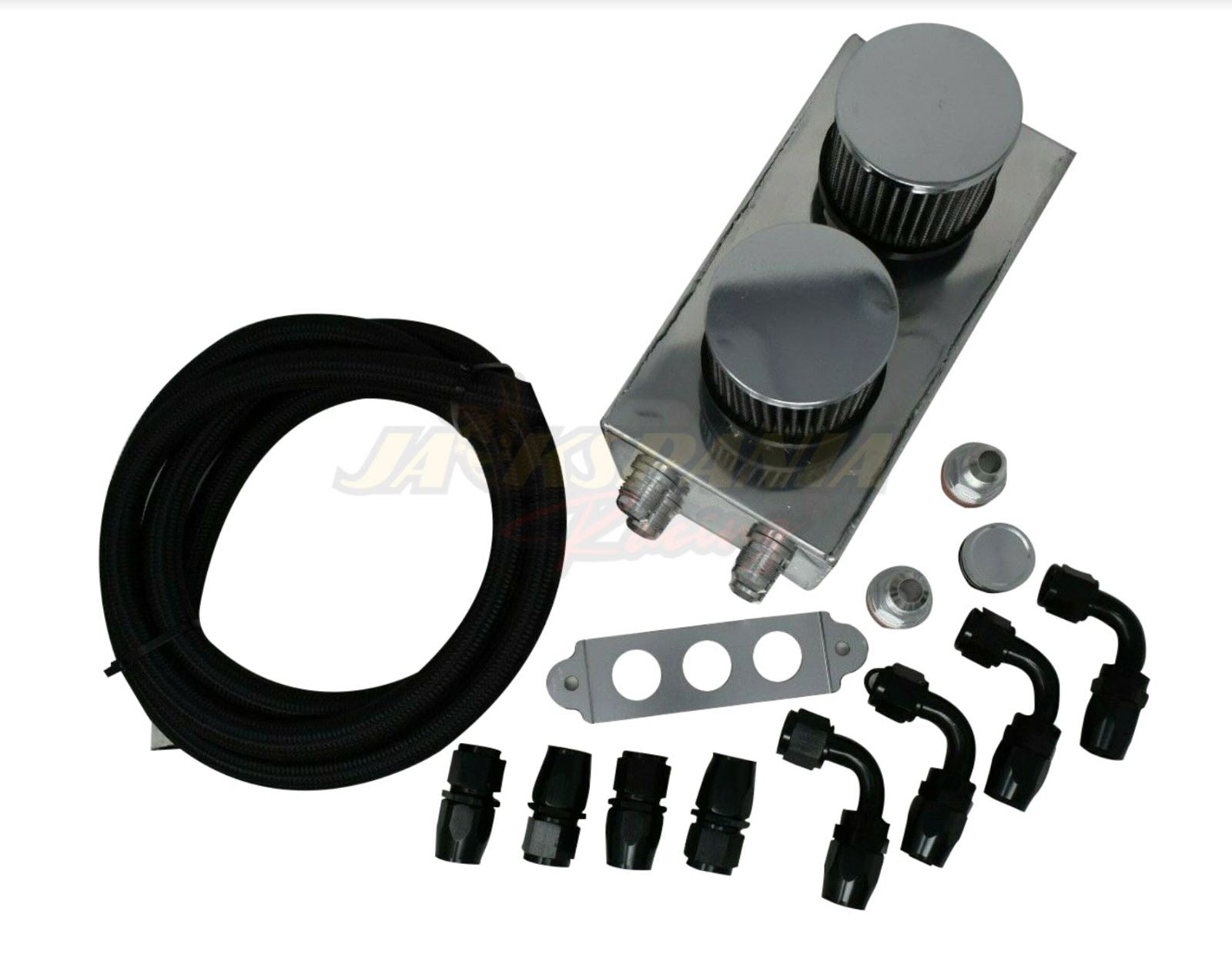 Jack Spania Racing battery relocation oil catch can with 4-port 10AN hoses for EK, EG, CRX, DC2 Si Type R engine parts.