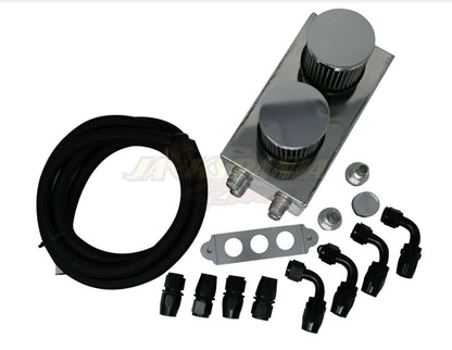 Jack Spania Racing battery relocation oil catch can with 4-port 10AN hoses for EK, EG, CRX, DC2 Si Type R engine parts.