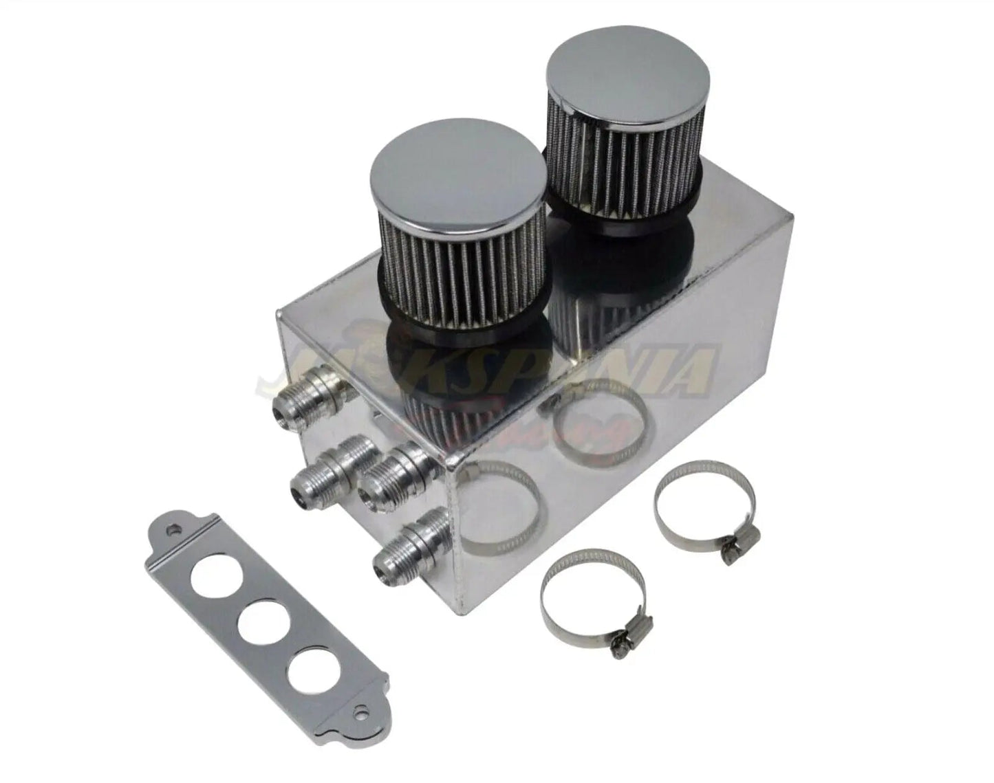 Jack Spania Racing Pro Series oil catch can for Honda Civic and Acura Integra with 4 ports and -10AN hoses, engine part.