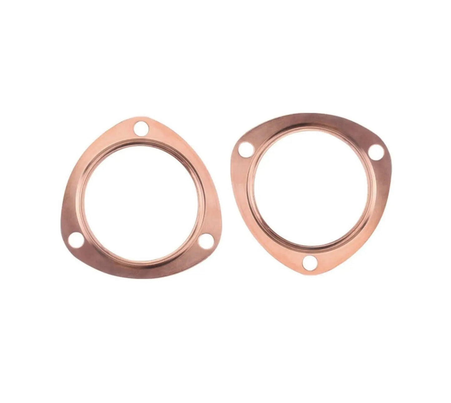 Pair of 3-inch copper header exhaust collector gaskets with 3-bolt flanges, universal fit for engine exhaust systems by Jack Spania Racing.