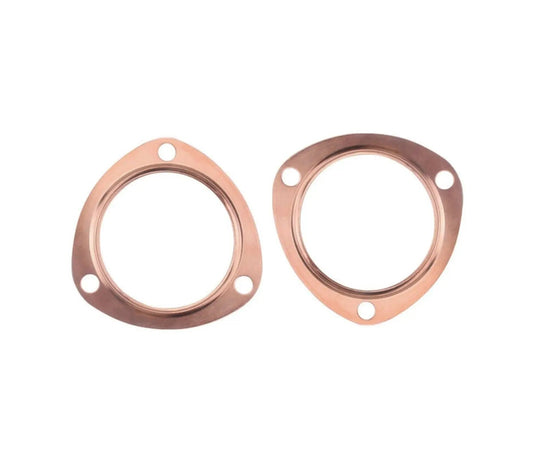 Pair of 3-inch copper header exhaust collector gaskets with 3-bolt flanges, universal fit for engine exhaust systems by Jack Spania Racing.