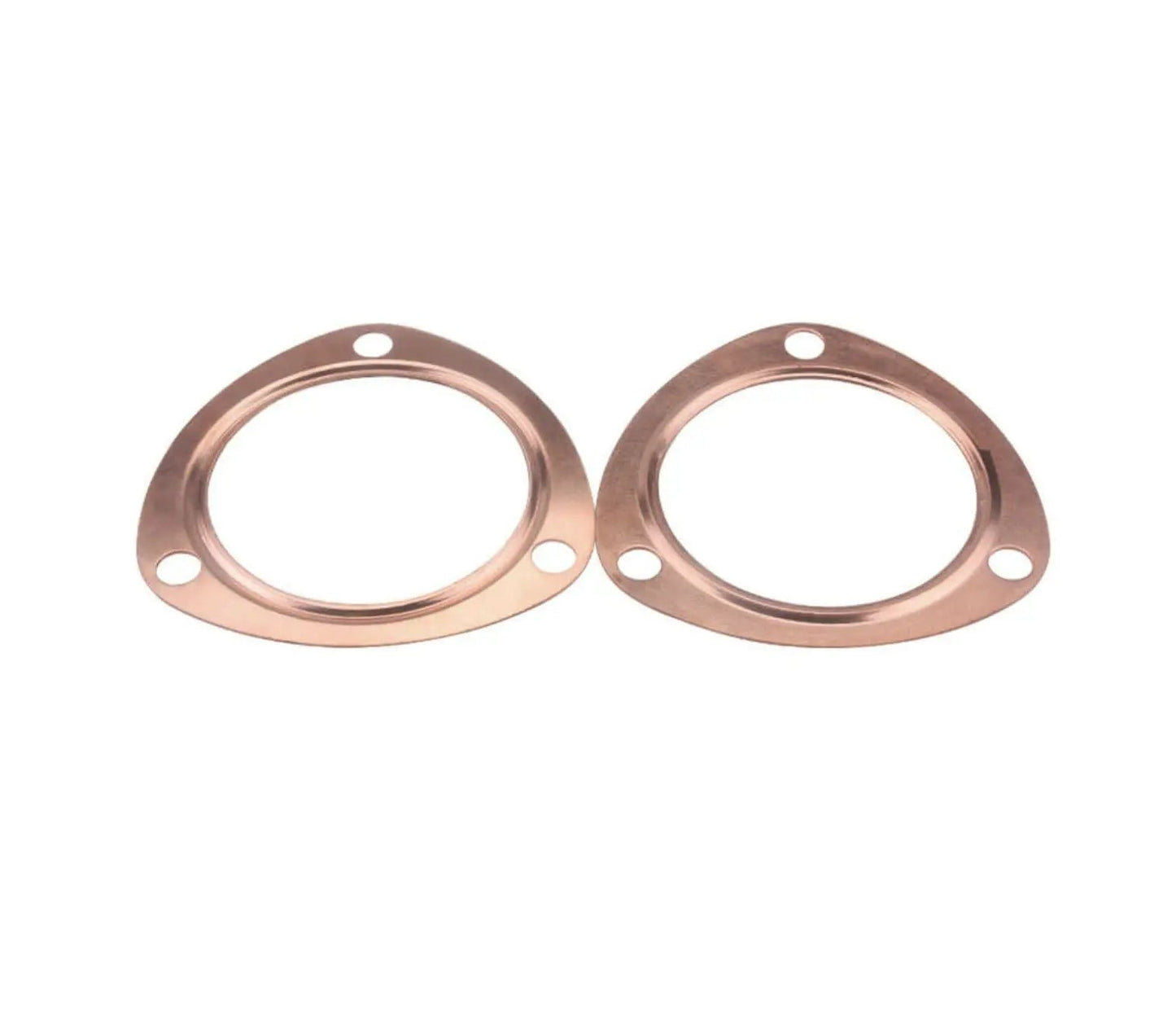 Two 3-inch copper header exhaust collector gaskets with three-bolt flanges, designed for universal engine exhaust systems.