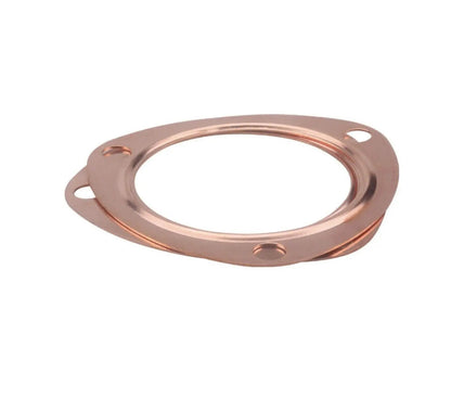 Two 3-inch copper header exhaust collector gaskets with three-bolt flanges, designed for universal engine exhaust applications by Jack Spania Racing.