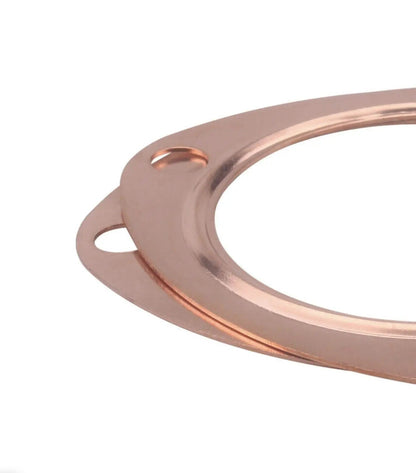 Pair of 3-inch copper header exhaust collector gaskets with 3-bolt flanges for engine performance by Jack Spania Racing.
