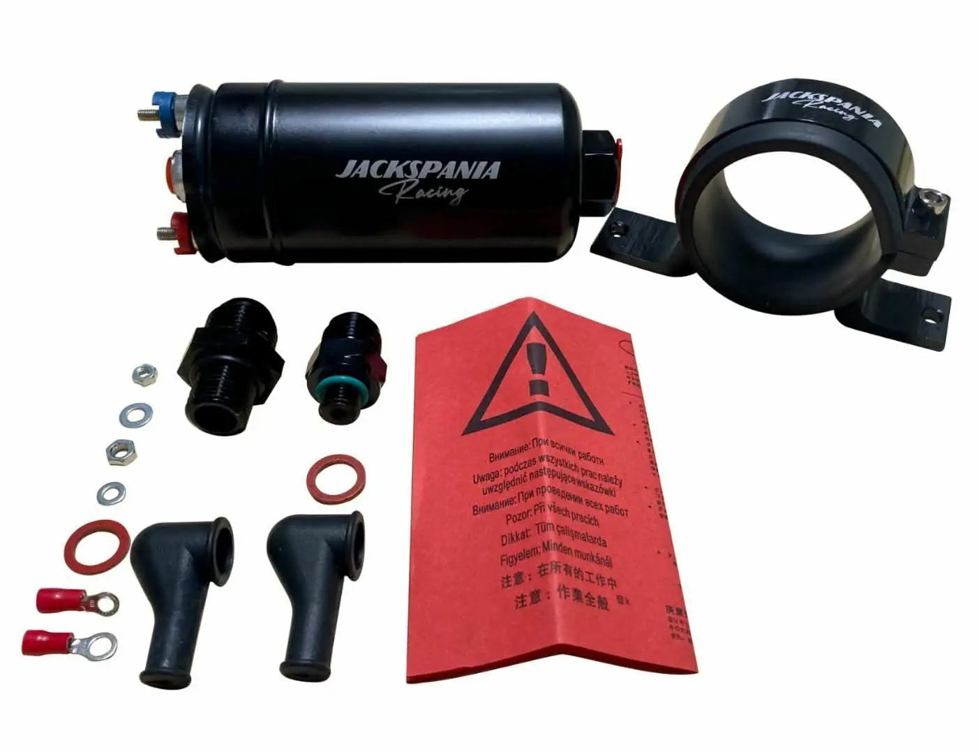 Jack Spania Racing 380LPH external inline fuel pump with check valve, 10AN/8AN fittings, mounted on bracket for Bosch 044 engines.