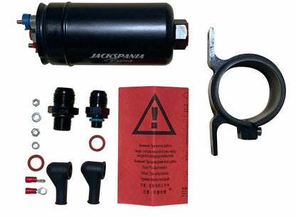 Jack Spania Racing 380LPH external inline fuel pump with Bosch 044 check valve, 10AN/8AN fittings, bracket, and clamp.
