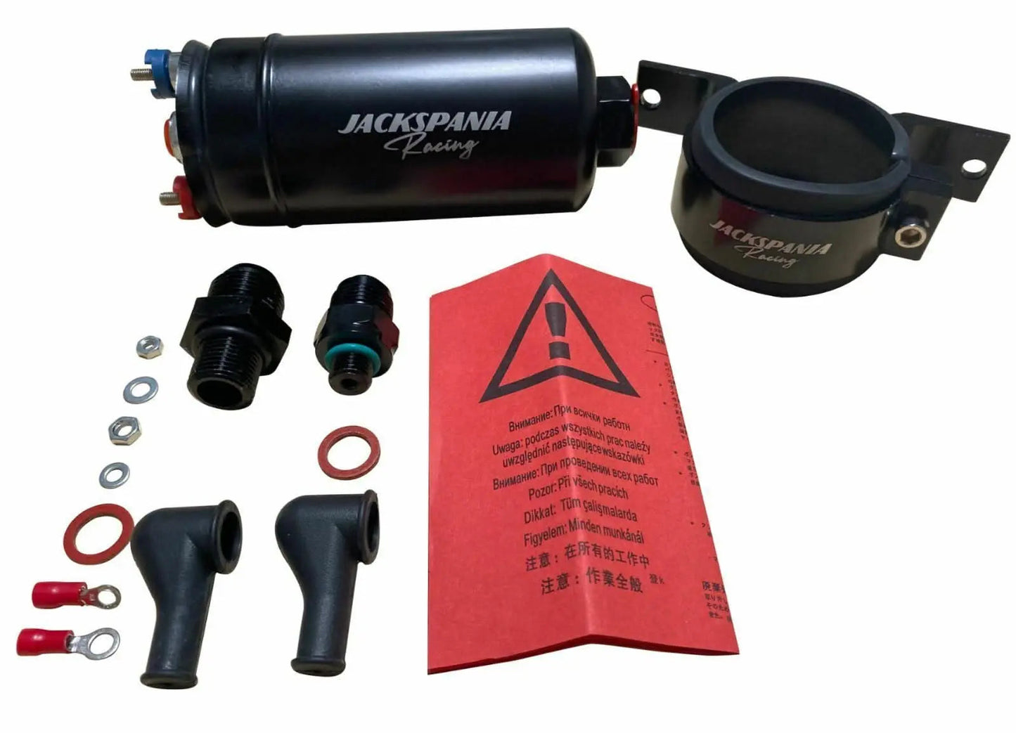 External inline fuel pump by Jack Spania Racing, Bosch 044 style with check valve, 10AN and 8AN brackets and clamps for engine fuel systems.