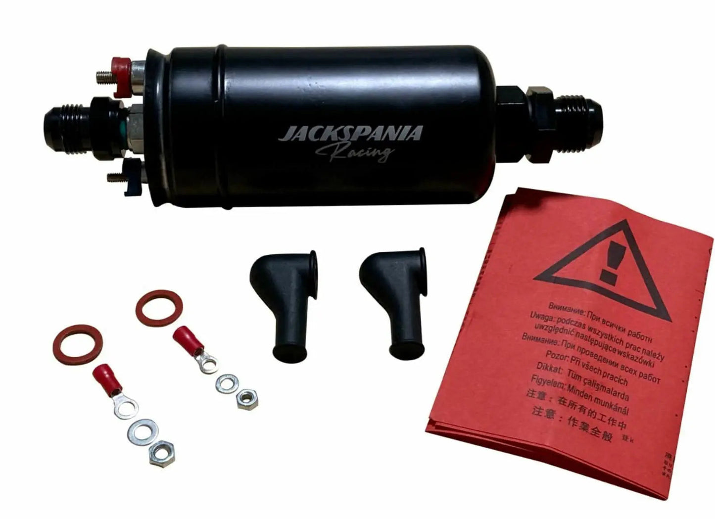 Jack Spania Racing 380LPH external inline fuel pump with Bosch 044 check valve, 10AN and 8AN brackets and clamps.