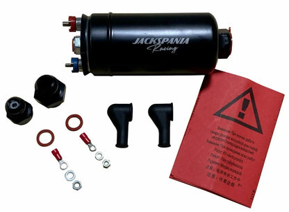 Jack Spania Racing 380LPH external inline fuel pump with Bosch 044 check valve and 10AN/8AN brackets and clamps for engine fuel systems.