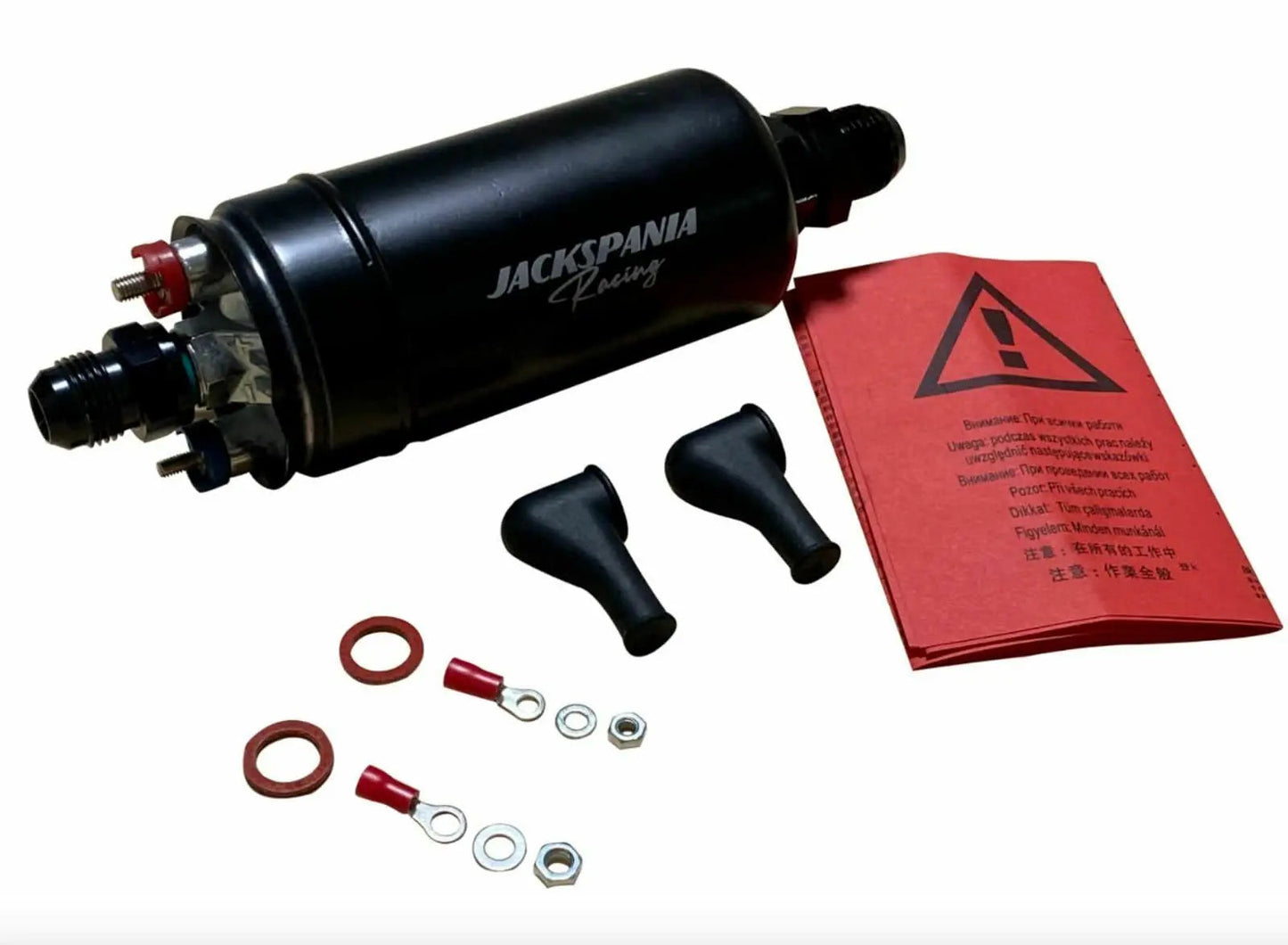 External inline fuel pump by Jack Spania Racing, Bosch 044 compatible with check valve, 10AN and 8AN fittings, with bracket clamp.