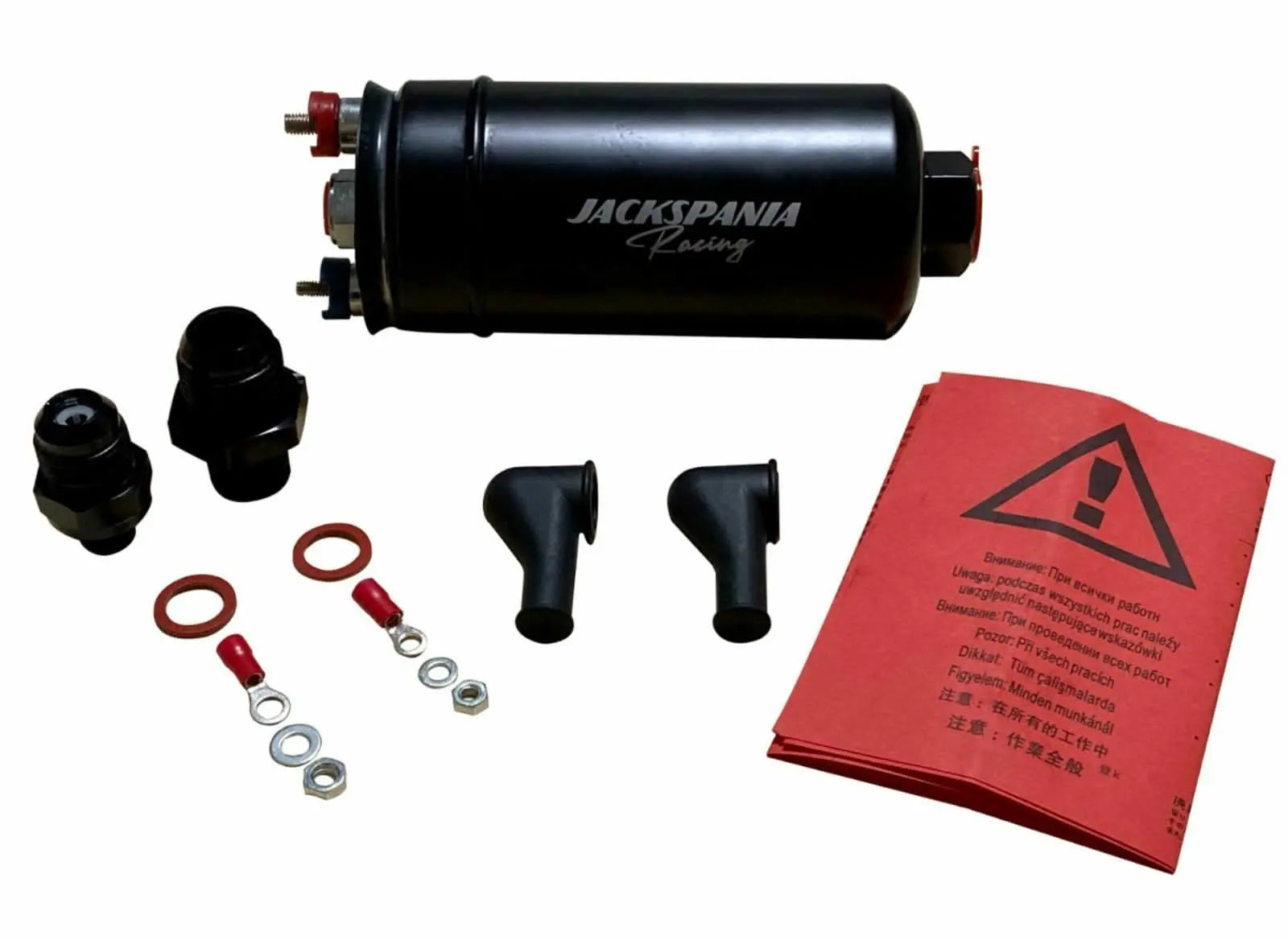 Jack Spania Racing 380LPH external inline fuel pump with check valve, 10AN/8AN bracket clamp for Bosch 044 fuel systems.
