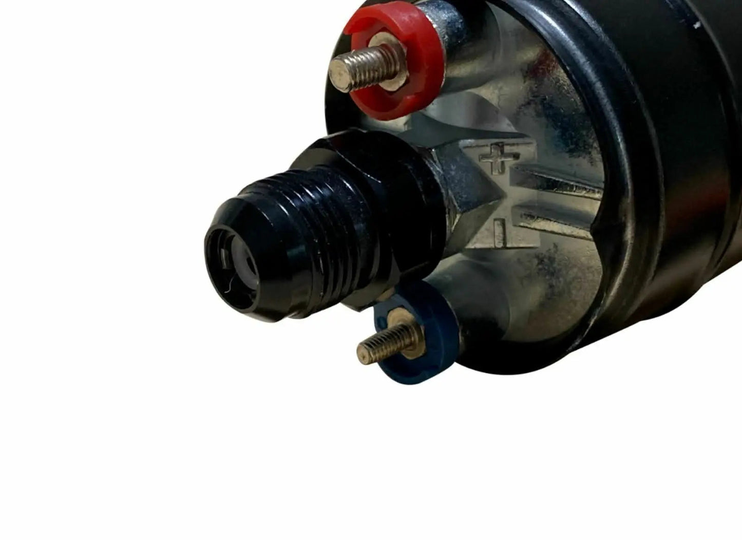 Jack Spania Racing 380LPH external inline fuel pump with check valve, 10AN/8AN brackets and clamps for Bosch 044 engines.