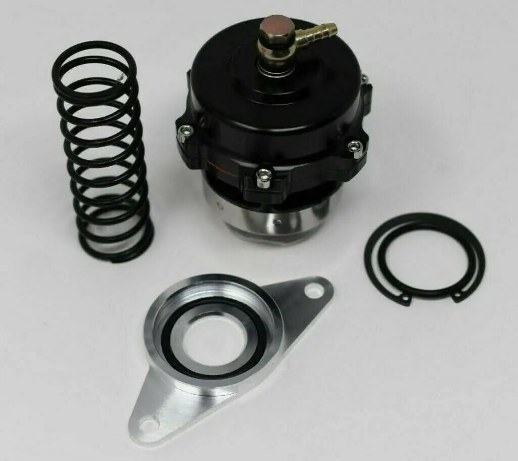 Jack Spania Racing 50mm Blow Off Valve for Subaru Impreza WRX and STi engine parts, showcasing the black BOV with mounting fittings.
