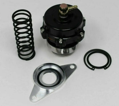 Jack Spania Racing 50mm Blow Off Valve for Subaru Impreza WRX and STi engine parts, showcasing the black BOV with mounting fittings.