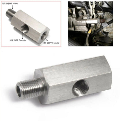 Jack Spania Racing oil pressure sensor tee fitting with 1/8''NPT adapter for turbo supply and engine pressure gauge connection.