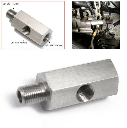 Jack Spania Racing oil pressure sensor tee fitting with 1/8''NPT adapter for turbo supply and engine pressure gauge connection.