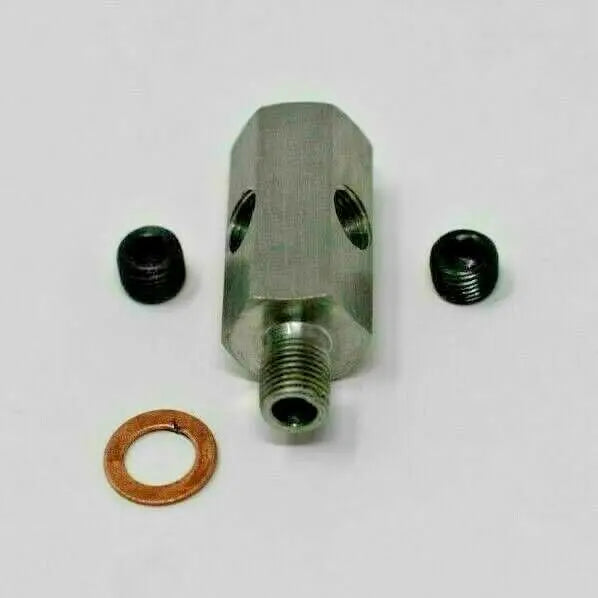 Jack Spania Racing oil pressure sensor tee fitting with 1/8" NPT connectors for turbo supply and engine gauge feed lines.