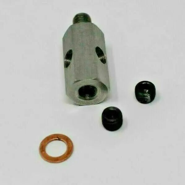 Jack Spania Racing oil pressure sensor tee fitting with 1/8" NPT to adapter for turbo supply line and engine gauge connection.