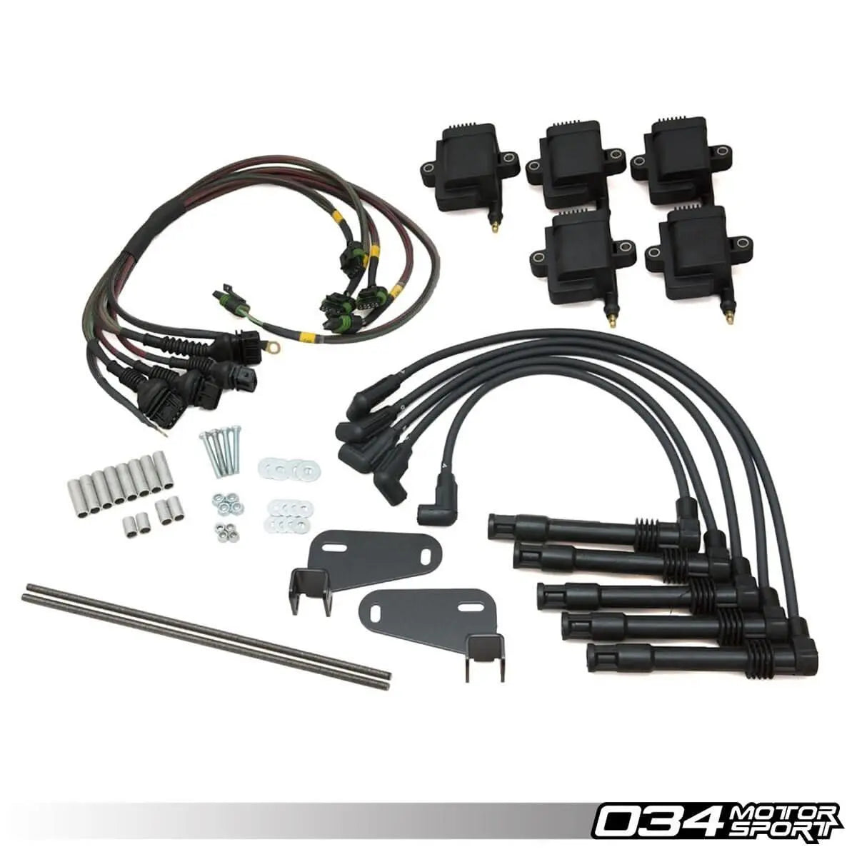 Jack Spania Racing 034 Motorsport AAN plug-in wiring harness for VW/Audi 2.0T high output engine wiring kit, showing connectors and wiring.