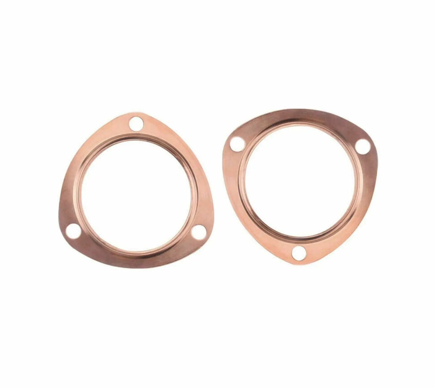 Pair of 2.5-inch copper header exhaust collector gaskets with three-bolt flanges, compatible with various engine setups.